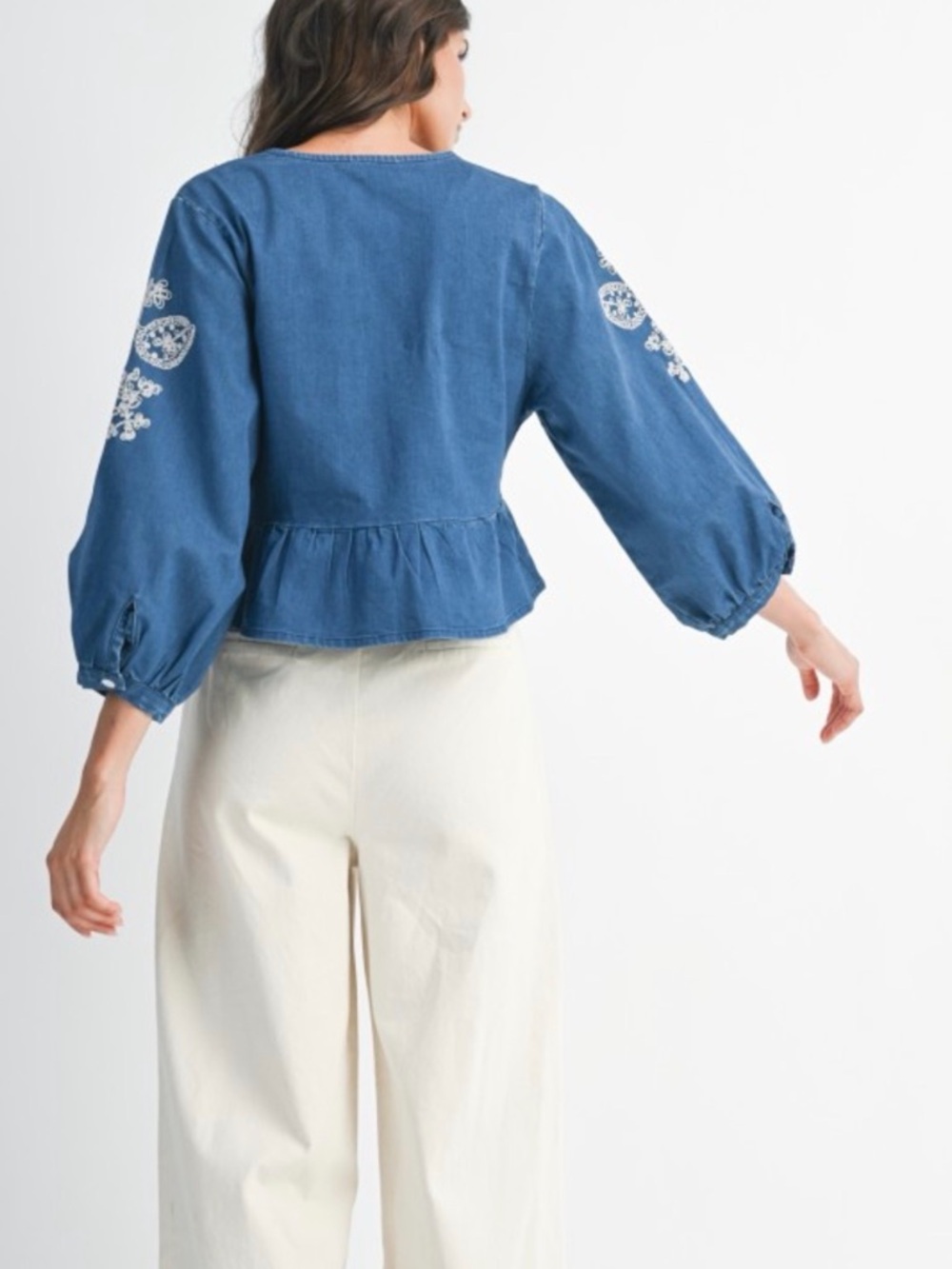 A380. Embroidered V-Neck Peplum Top - Blue - Picture 6 of 8